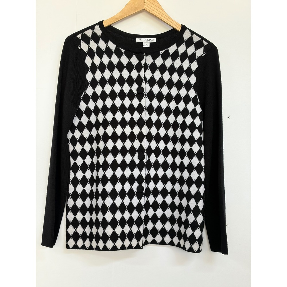 Pendleton Petite Women's S 100% Merino Wool Argyle Cardigan Sweater Black White